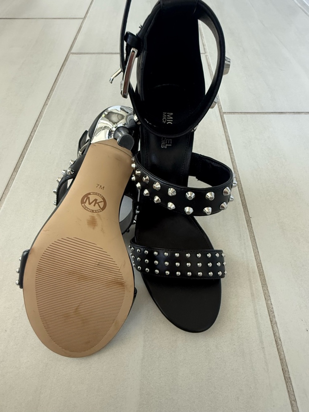 Michael Kors Black Studded Leather Block-Heel Sandals - Picture 2 of 4